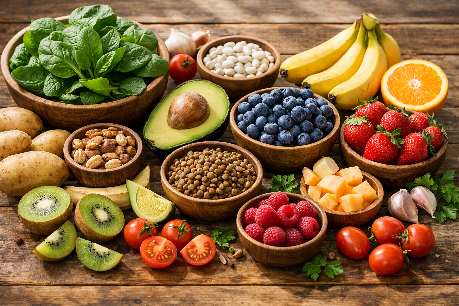 Fresh vegetables and fruits rich in potassium arranged on wooden table, including spinach, avocado, berries, and nuts, natural daylight, healthy eating concept