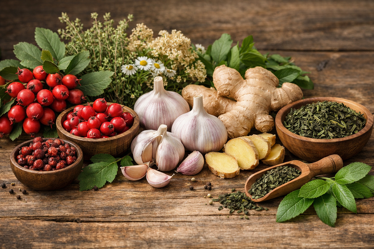 Various herbs including hawthorn, garlic, ginger, and green tea arranged on rustic wooden surface, natural herbal medicine concept, soft lighting